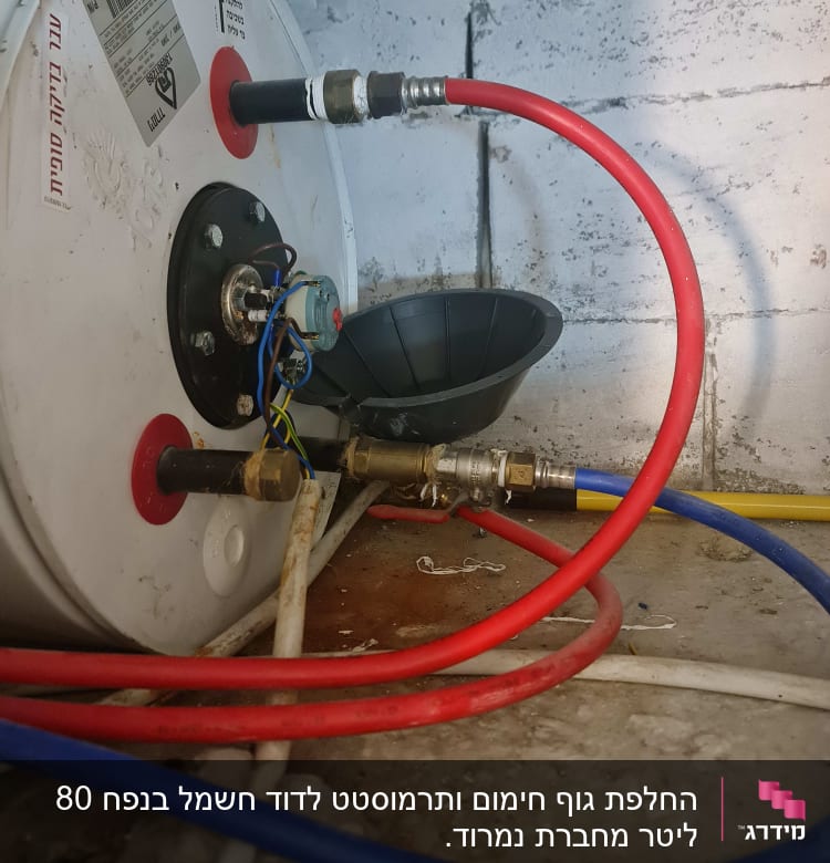 דוד שמש עם צינורות אדומים וכחולים מחוברים